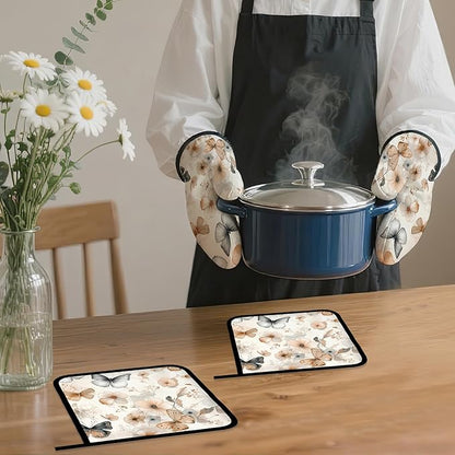 Butterfly Oven Mitts and Pot Holders,Boho Floral Flower Heat Resistant Oven Mitts Gloves and Pot Holder for Home Kitchen Decorations Cooking Baking BBQ Gifts,Set of 4