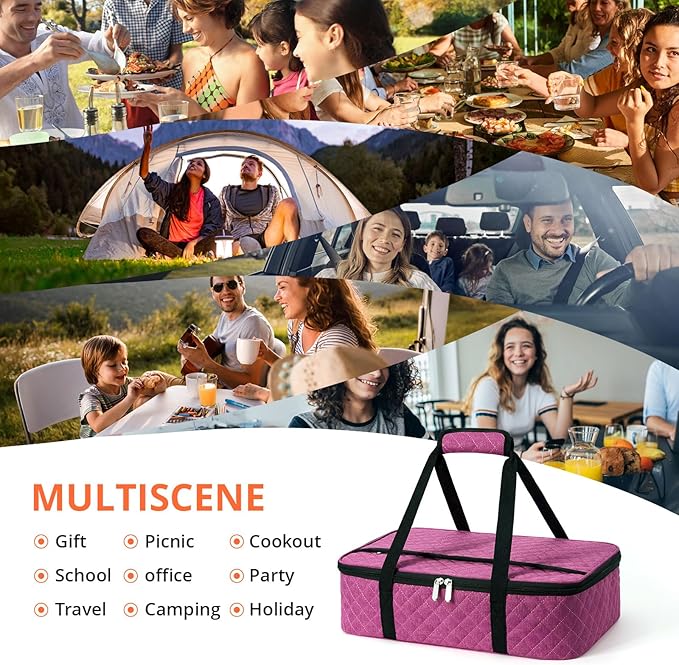 Insulated Casserole Carrier Portable Food Tote for Hot or Cold – Fits 9"x13" Baking Dish, Lasagna Holder for Parties, Picnic, Travel, Beach - Rose Red