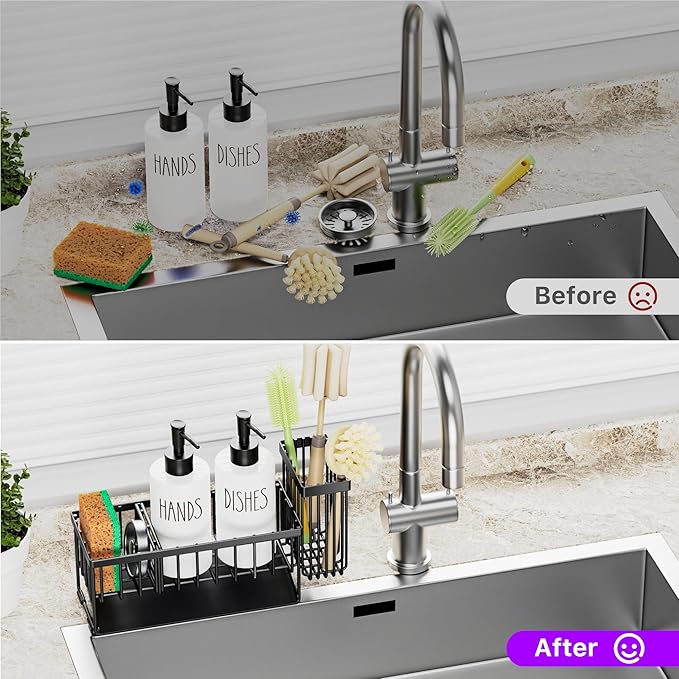 MASADI Kitchen Dish Soap Dispenser Set with Sponge Holder, 12OZ Glass Bottle, Hand and Dish Soap Dispenser Set, Non-Slip Silicone Pad, Brush Holder, Kitchen Sink Organizer Countertop (Black+White) - Image 5