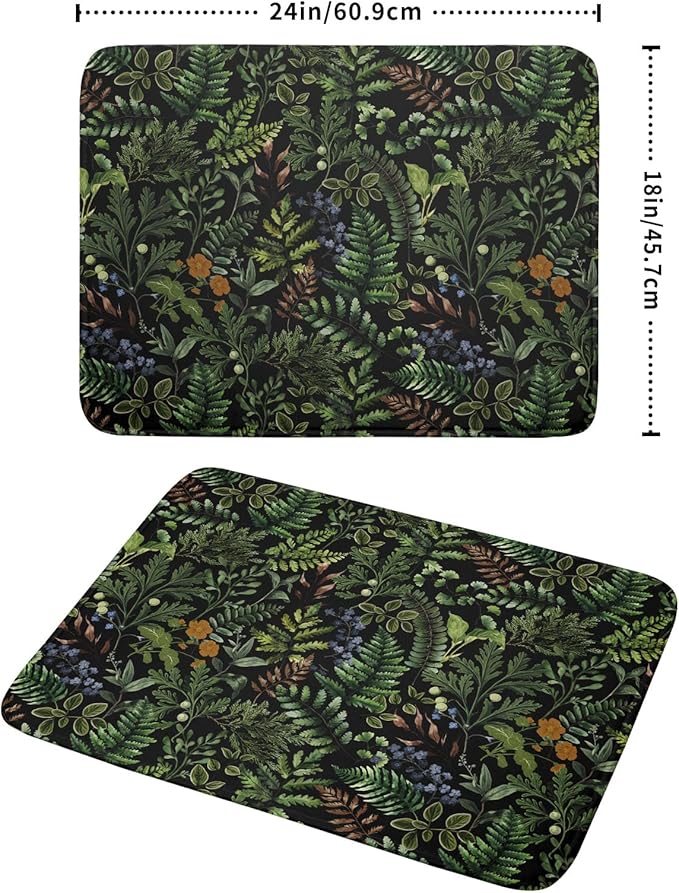 Black Sage Green Plant Dish Drying Mat for Kitchen Counter,Vintage Botanic Fern Leaves Floral Drying Mat 18 x 24 Inch with Absorbent Reversible Microfiber Drying Pad for Coffee Bar - Image 2