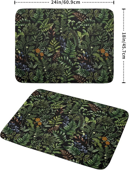 Black Sage Green Plant Dish Drying Mat for Kitchen Counter,Vintage Botanic Fern Leaves Floral Drying Mat 18 x 24 Inch with Absorbent Reversible Microfiber Drying Pad for Coffee Bar - Image 2