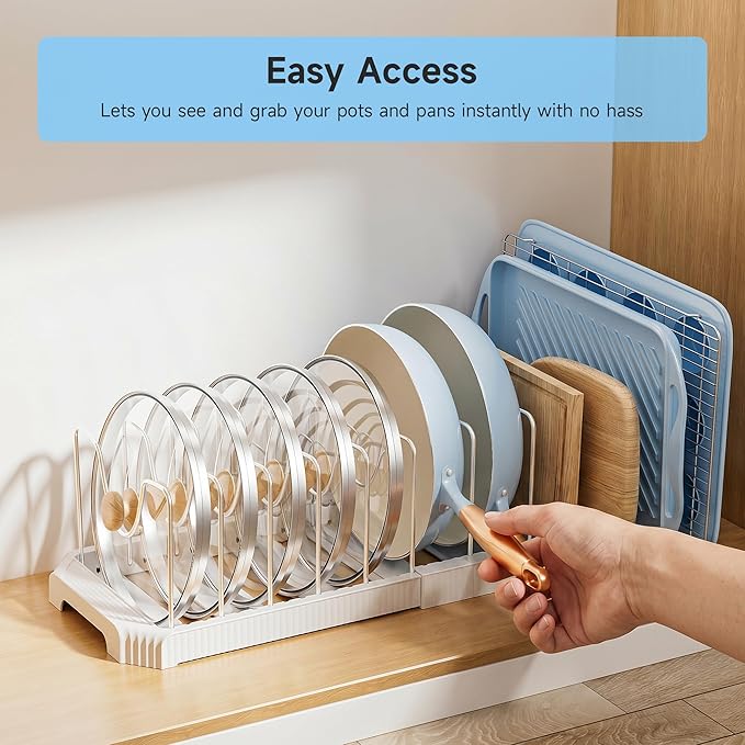 MUDEELA Pot Lid Organizer Rack for Cabinet, Expandable Pots and Pans Organizer under Cabinet with 12 Adjustable Dividers, Pan Organizers Holder inside Cabinet for Cutting Boards, Baking Sheets, White - Image 7