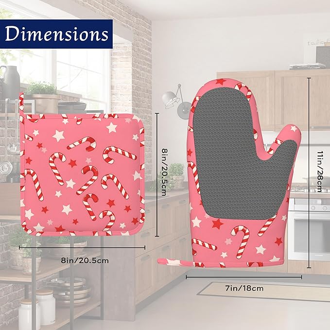 Pink Christmas Candy Cane Pot Holders and Oven Mitts Set Silicone Stars Kitchen Gloves Potholders Heat Resistant Washable,Chef Cooking Baking Gifts for Women Men Bakers Lover Cooks