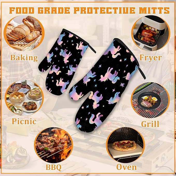 Cute Unicorn Pattern Oven Mitts and Pot Holders Set,Pink Kitchen Decor Heat Resistant Non Slip Hot Pads and Oven Mitt for Chef Cooking Baking BBQ Mom Girl Gifts(4 Piece Set)