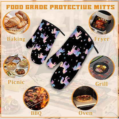 Cute Unicorn Pattern Oven Mitts and Pot Holders Set,Pink Kitchen Decor Heat Resistant Non Slip Hot Pads and Oven Mitt for Chef Cooking Baking BBQ Mom Girl Gifts(4 Piece Set)