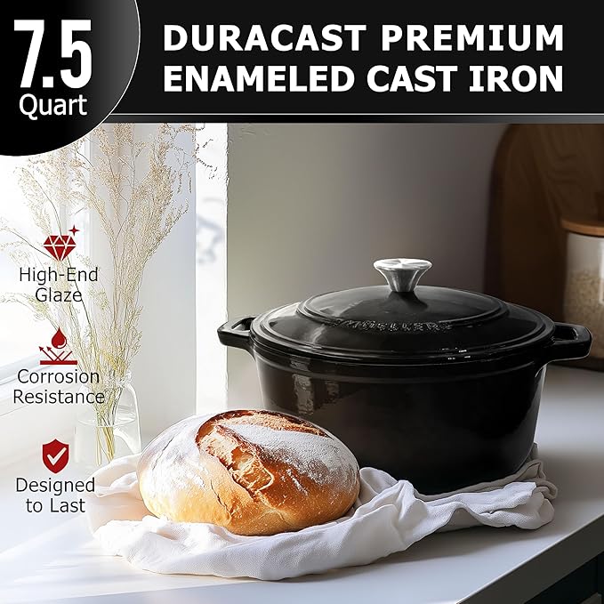 MUELLER HOME 7.5 QT Enameled Cast Iron Dutch Oven, Heavy-Duty, Oven-Safe up to 500° F & Across All Cooktops, Casserole Dish and Braiser Pan with Lid and Stainless Knob, Black - Image 2