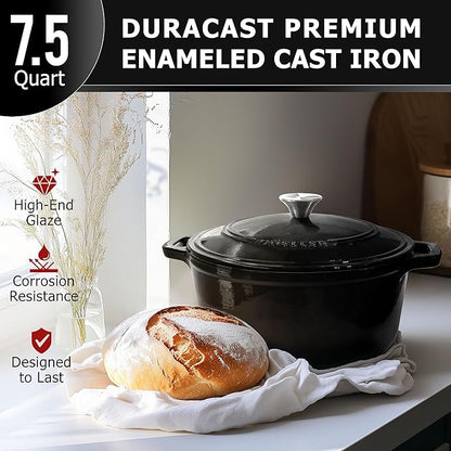 MUELLER HOME 7.5 QT Enameled Cast Iron Dutch Oven, Heavy-Duty, Oven-Safe up to 500° F & Across All Cooktops, Casserole Dish and Braiser Pan with Lid and Stainless Knob, Black - Image 2