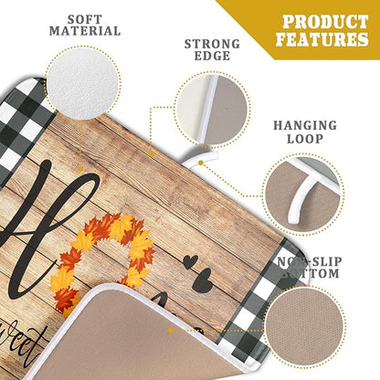 Giwawa Home Sweet Home Dish Drying Mat 16x18 Inch Fall Autumn Maple Leaf Wreath Dish Drainer Mats Rustic Brown Wood Board Microfiber Dish Drying Rack Pad for Kitchen Countertop Farmhouse Decor