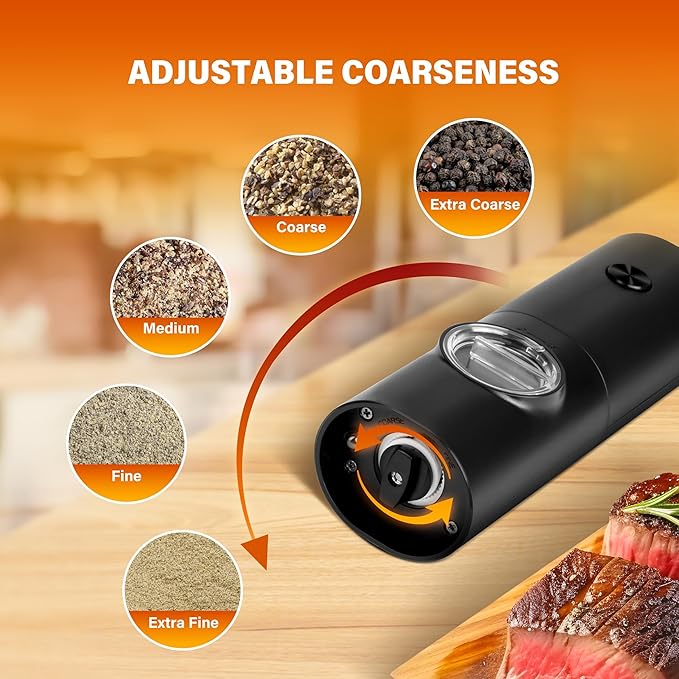 Simple Deluxe Electric Salt and Pepper Grinder Set, One Hand Adjustable Coarseness, Battery Powered, Seasoning Tools for Kitchen, Dining or Gifts, Black - Image 5