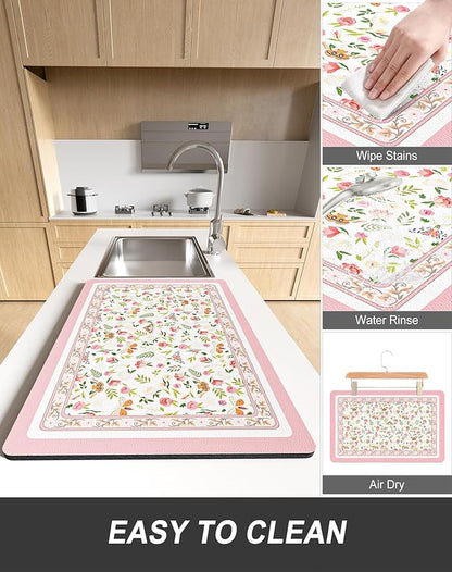 Rnivvi Dish Drying Mat for Kitchen Counter, 12 x 19" Cute Flower Theme Super Absorbent Draining Pad, Non-Slip Heat Resistant Coffee Bar Mats for Coffee Machine Station Accessories, Pink Dish Rack Pad - Image 6
