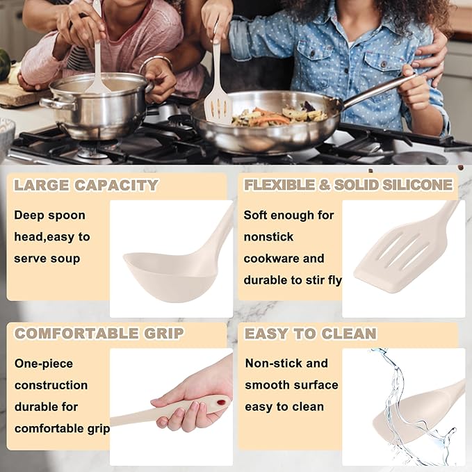 E-far 10 Pieces Silicone Cooking Utensils Set, Heat Resistant Kitchen Utensil Set for Nonstick Cookware, Kitchen Cooking Tools with Spatula, Spoon, Slotted Turner, Non-Toxic & Dishwasher Safe (Khaki) - Image 4