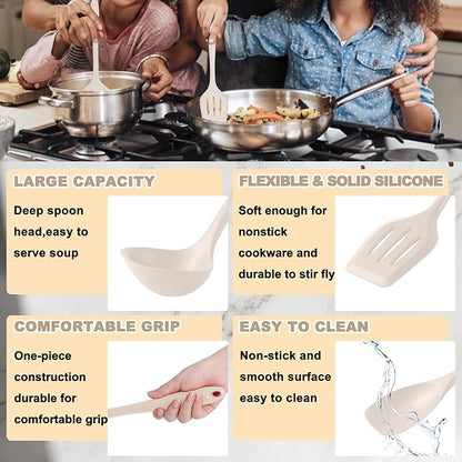 E-far 10 Pieces Silicone Cooking Utensils Set, Heat Resistant Kitchen Utensil Set for Nonstick Cookware, Kitchen Cooking Tools with Spatula, Spoon, Slotted Turner, Non-Toxic & Dishwasher Safe (Khaki) - Image 4