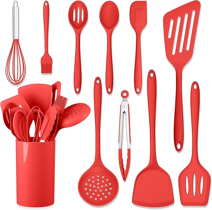 HaWare 11 PCS Silicone Cooking Utensils Set, Heat Resistant Kitchen Utensils with Holder, Food-grade Spatula Sets for Nonstick Cookware, Kitchen Tools Gadgets Include Fish Turner, Spoon (Red) by HaWare