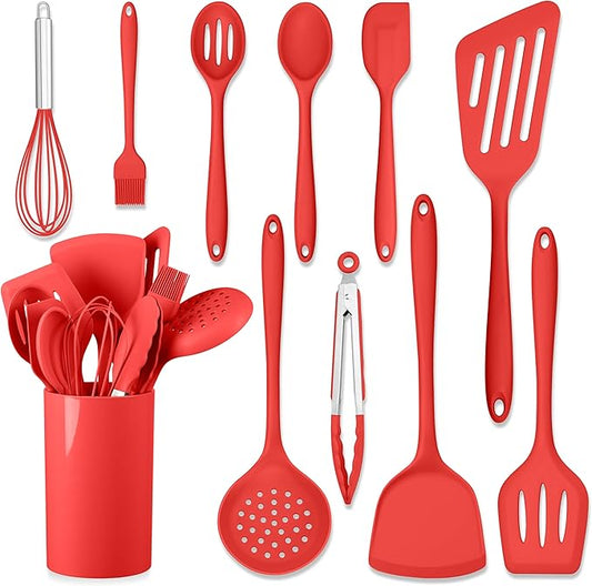 HaWare 11 PCS Silicone Cooking Utensils Set, Heat Resistant Kitchen Utensils with Holder, Food-grade Spatula Sets for Nonstick Cookware, Kitchen Tools Gadgets Include Fish Turner, Spoon (Red) by HaWare