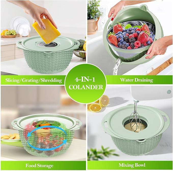 4 in 1 Colander with Bowl Set, Food Strainers and Colanders, Colander for Kitchen, Pasta Strainer, Fruit Washing Bowl, Kitchen Essentials Strainer Basket Bowl, Green, Christmas & New Year Gifts - Image 6