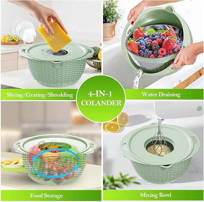 4 in 1 Colander with Bowl Set, Food Strainers and Colanders, Colander for Kitchen, Pasta Strainer, Fruit Washing Bowl, Kitchen Essentials Strainer Basket Bowl, Green, Christmas & New Year Gifts - Image 6