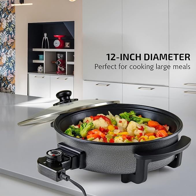 OVENTE 11.5-Inch Electric Skillet & Frying Pan, 1400W Nonstick Cooking Pan with Adjustable Temperature Control, Tempered Glass Lid with Steam Vent, Cool-Touch Handles, Easy-Clean Black SK11112B - Image 2