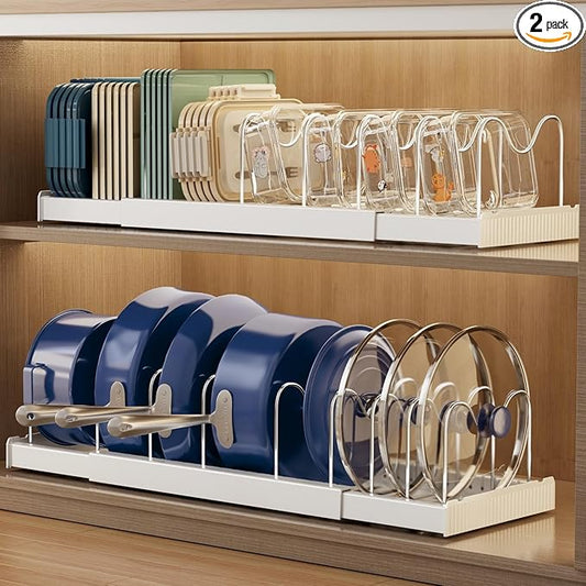 Magheo 2 Pack Expandable Food Storage Container Lid Organizers, 22" Pots and Pans Organizer Under Cabinet with 9 Adjustable Dividers Pot and Pan Lid Holders Rack Inside Cabinet(White) by COMFORTYOURHOME
