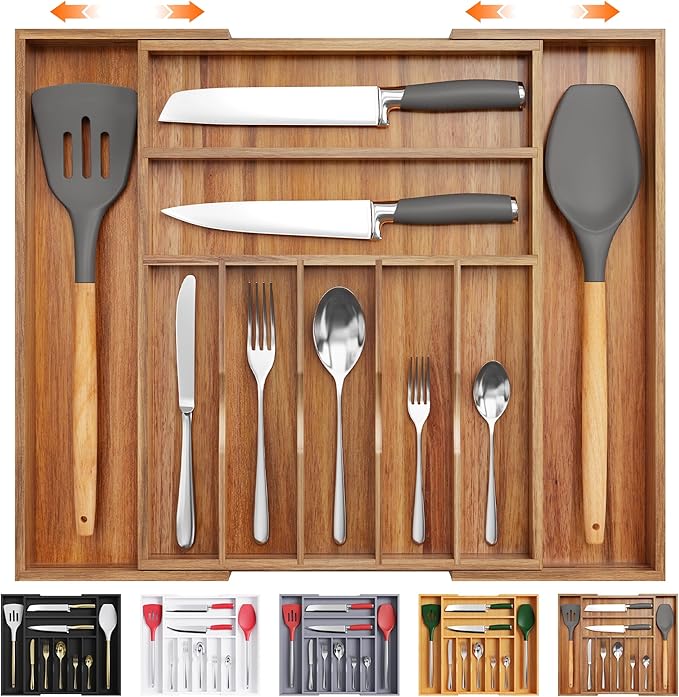 Bellsal Large Premium Acacia Wood Silverware Organizer - Expandable Utensil Drawer Organizer - 17"x19.6" Utensil Holder and Cutlery Tray with Grooved for Kitchen Flatware Utensils(7-9 Slot, Acacia) by Bellsal