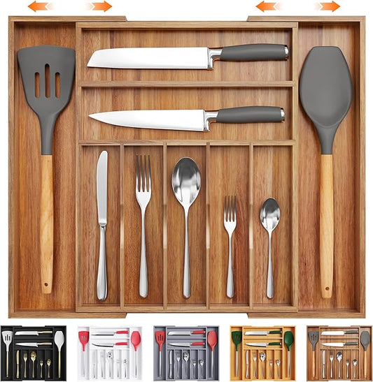 Bellsal Large Premium Acacia Wood Silverware Organizer - Expandable Utensil Drawer Organizer - 17"x19.6" Utensil Holder and Cutlery Tray with Grooved for Kitchen Flatware Utensils(7-9 Slot, Acacia) by Bellsal