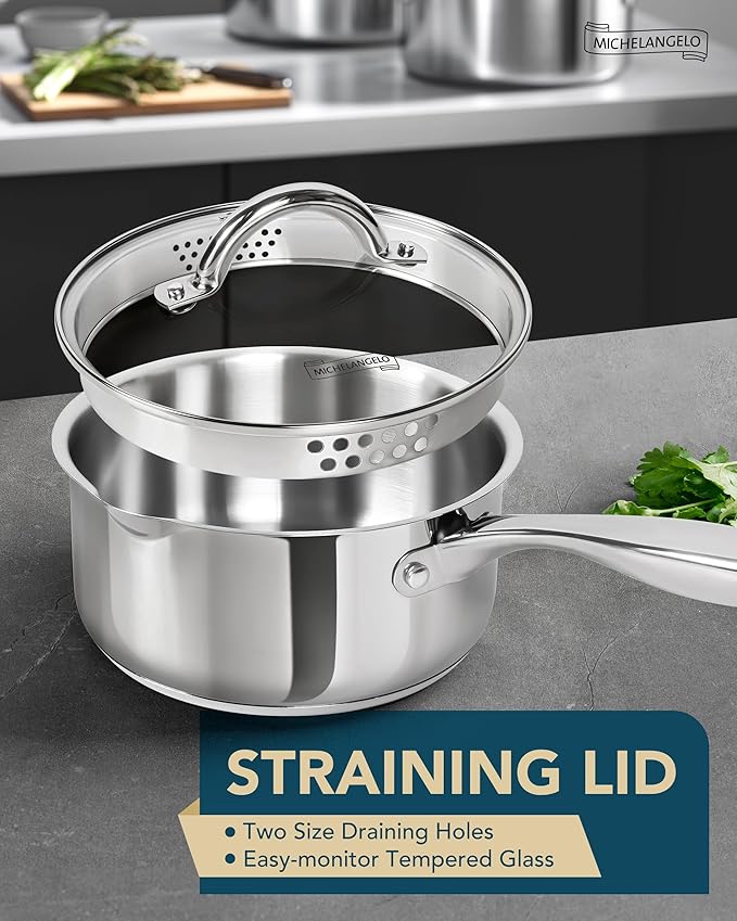 MICHELANGELO Stainless Steel Sauce Pot Set with Steamer 5Pcs, 18/10 Saucepan Set with Pour Spout & Strainer Glass Lids, Sauce pan with Triply Bottom Induction Compatible - 1QT & 2QT - Image 3