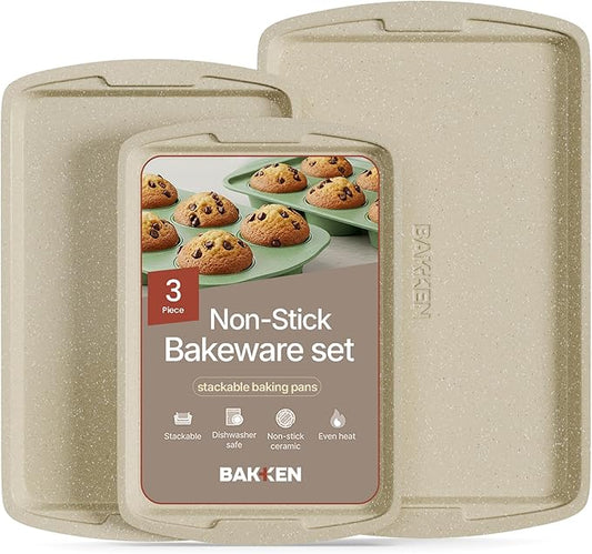 Bakken Swiss Cookie Sheet 3 Piece Set - Non-Stick, Stackable Baking Pans, White marble Deluxe Ceramic Coating – Dishwasher Safe - for Home Baking by Unknown