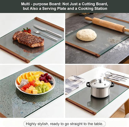 Glass Cutting Boards for Kitchen(12x16" & 12x8"),European Grey Glass Paired with Coffee-Colored Silicone Grip,No Scratches/Microplastic-Free/Non Toxic,Excellent Gift for Mother's Day and Father's Day