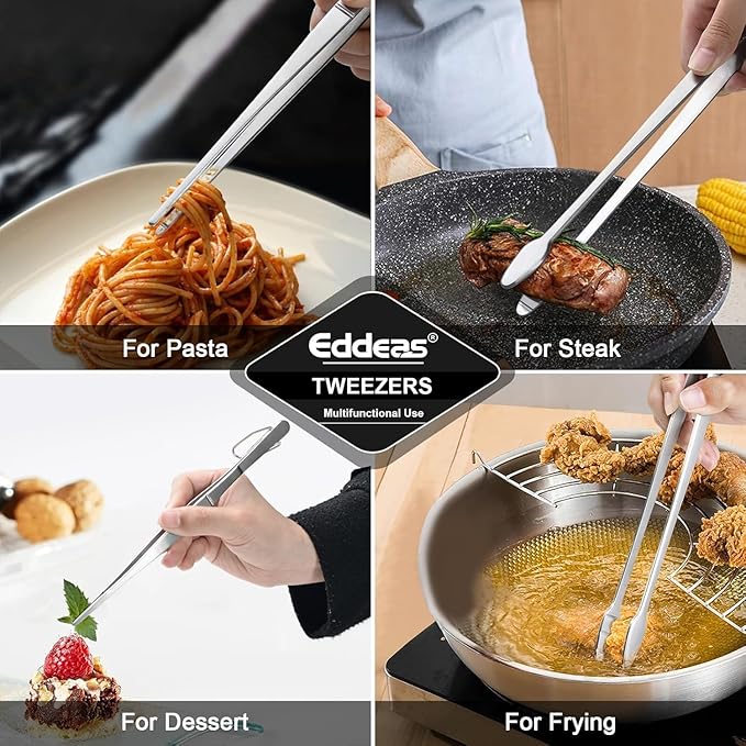 Eddeas Tongs For Cooking - Heat Resistant 600 Degrees, All Metal Kitchen Tweezers Tongs, Heavy Duty Stainless Steel Cooking for Food, Grill, BBQ, Dishwasher safe Set of 4 (12" & 9in) - Image 6
