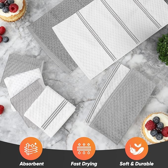 Oven Mitts Kitchen Towels and Dishcloths with Pot Holders Sets, Oven Gloves Hot Pads 500°F Heat Resistant with Silicone Grip, Include 2 Cooking Gloves/2 Potholders/4 Kitchen Towels/4 Dish Towels-Gray - Image 6