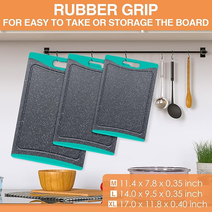 Extra Large Cutting Boards, Plastic Cutting Boards for Kitchen (Set of 3) Cutting Board Set Dishwasher Chopping Board with Juice Grooves Easy-Grip Handles, Turquoise, Empune - Image 4