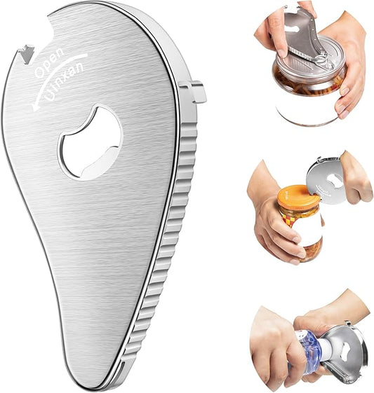 Uinxan Bottle Opener for Weak Hands & Seniors with Arthritis–5 in 1 for Vacuum Seals, Soda, Small Jar Lids(0.6"-2.7"), Beer Caps, Pull Tabs–Multifunction Portable Tool for Elderly/Women/Men (Silver)