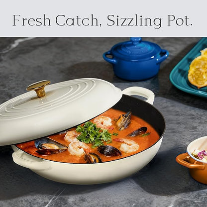 CAROTE 3.4QT Enameled Cast Iron Braiser Pan, Shallow Dutch Oven Casserole Skillets, Non-Toxic Cast Iron Pot with Lid for Grilling, Searing, Baking, Dual Handles, All Stovetop Compatible, White