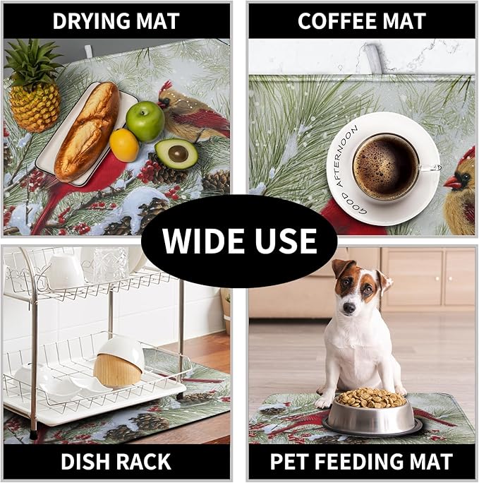Winter Dish Drying Mat for Kitchen Counter 16x18 Inch Christmas Red Birds Drying Mats Xmas Holiday Microfiber Absorbent Dishes Drainer Mats Cardinal Dish Rack Pad - Image 7