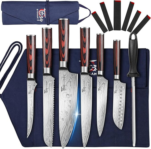 SYOKAMI 14pcs Chef Knife Set with Roll Bag, Professional Stainless Steel Japanese Knife Set with Pakkawood Handle for Professional Chef, Camping, Travel, BBQ, RV or Gift