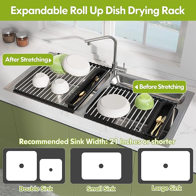 JASIWAY Dish Drying Rack, Roll Up Dryer Rack for Inside Sink, Expandable (12.8"-23.8" D x 15.5" W) 304 Stainless Steel Dish Drainers for Kitchen Counter, Over Sink Cover with Utensil Holder - Image 3