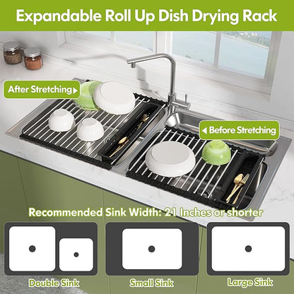 JASIWAY Dish Drying Rack, Roll Up Dryer Rack for Inside Sink, Expandable (12.8"-23.8" D x 15.5" W) 304 Stainless Steel Dish Drainers for Kitchen Counter, Over Sink Cover with Utensil Holder - Image 3