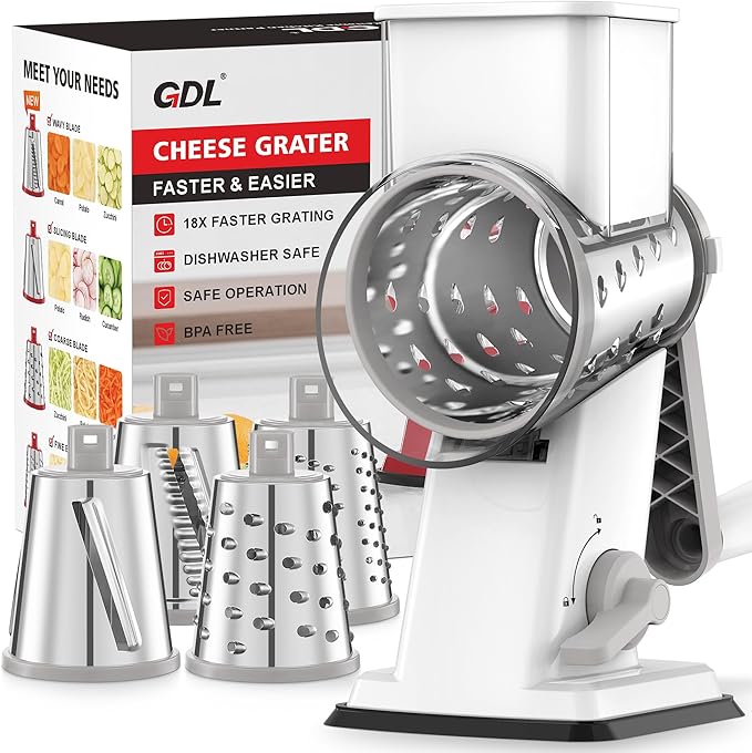 GDL Rotary Cheese Grater Hand Crank - Upgraded Cheese Shredder with 4 Interchangeable Blades, Rotary Grater with Non-slip Suction Base, Easy to Clean Kitchen Grater Slicer Grinder for Vegetable Nuts by GDL