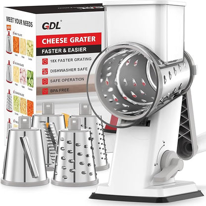 GDL Rotary Cheese Grater Hand Crank - Upgraded Cheese Shredder with 4 Interchangeable Blades, Rotary Grater with Non-slip Suction Base, Easy to Clean Kitchen Grater Slicer Grinder for Vegetable Nuts by GDL