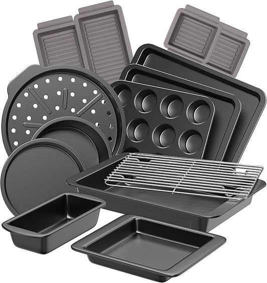 HONGBAKE Bakeware Sets, Baking Pans Set with Reusable Silicone Sheet Trays Dividers, Nonstick Oven Pan with Wider Grips, 14-Piece Including Rack, Cookie Sheet, Cake, Loaf, Muffin, Pizza Pan by HONGBAKE