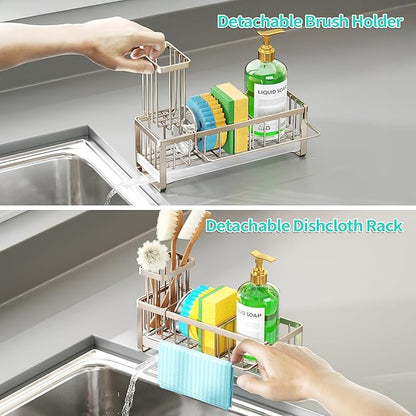 HapiRm Sponge Holder for Kitchen Sink - Self-draining Sink Caddy with Brush Holder and Dishcloth Holder, Stainless Steel Kitchen Organizer for Countertop - Brushed Nickel - Image 3