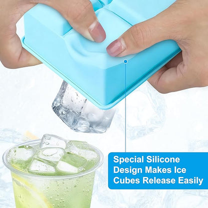 Large Silicone Ice Cube Tray 2Pack, Easy Release 2" Big Ice Cubes,Leak Proof Removable Lid Square Ice Cube Tray for Cocktail，Whiskey，Reusable Stackable Flexible Ice(Blue+Pink) (Blue) - Image 6