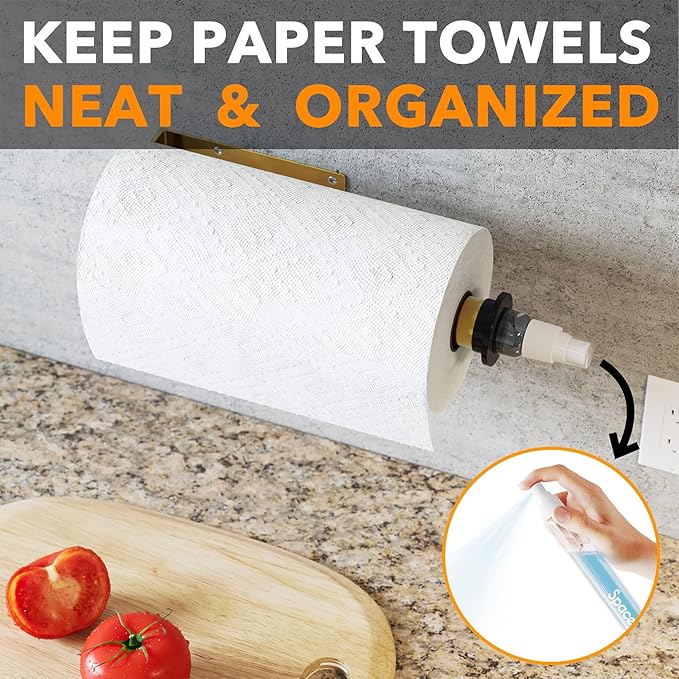 SpaceAid SprayNeat Paper Towel Holder with Spray Bottle, Under Cabinet Paper Towels Holders with Sprayer Inside Center, Hanging Wall Mount Papertowels Roller for Kitchen and Bathroom (Gold)