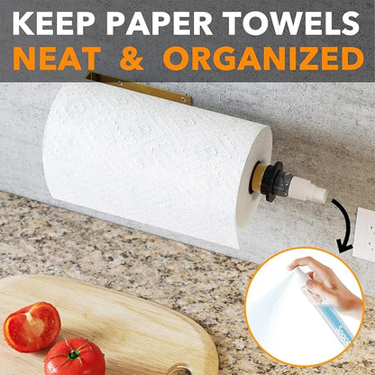 SpaceAid SprayNeat Paper Towel Holder with Spray Bottle, Under Cabinet Paper Towels Holders with Sprayer Inside Center, Hanging Wall Mount Papertowels Roller for Kitchen and Bathroom (Gold)