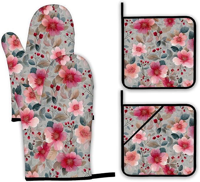 Vintage Pink Cherry Blossoms Oven Mitts and Pot Holders,Heat Resistant Oven Mitts Gloves and Pot Holder for Home Kitchen Decorations Cooking Baking BBQ Gifts,Set of 4