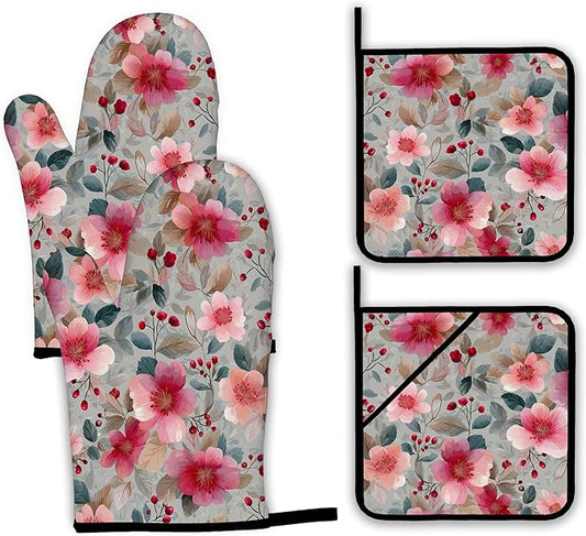 Vintage Pink Cherry Blossoms Oven Mitts and Pot Holders,Heat Resistant Oven Mitts Gloves and Pot Holder for Home Kitchen Decorations Cooking Baking BBQ Gifts,Set of 4
