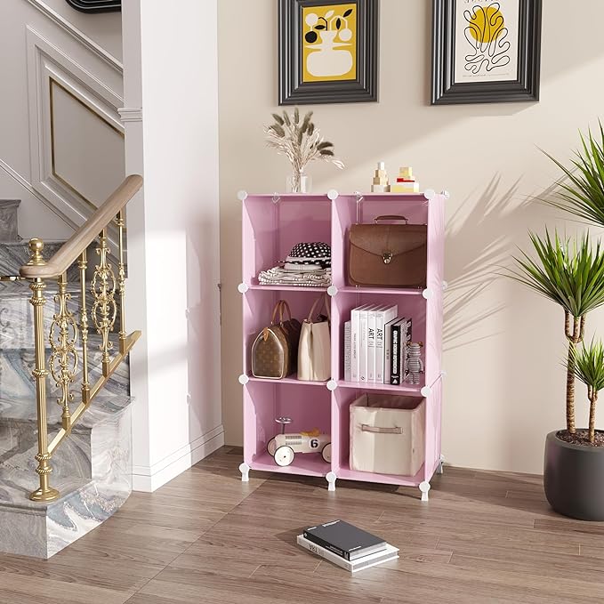 AWTATOS Cube Storage Organizer Protable Closet Organizers and Storage for Kids DIY Stackable 6 Cubes Storage Shelves Clothes Organizer for Bedroom, Home, Pink