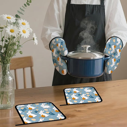 Easter Oven Mitts and Pot Holders Set,Cute Rabbit Kitchen Decor Heat Resistant Non Slip Hot Pads and Oven Mitt for Chef Cooking Baking BBQ Mom Girl Gifts(4 Piece Set)