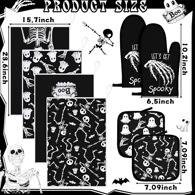 Leinuosen 8 Pcs Skull Kitchen Decor Set Kitchen Towels Gothic Oven Mitts and Pot Holders Skeleton Hand Dish Towels Horror Oven Mitts for Home Decoration Party Gifts (Vintage Color,Ghost) - Image 3