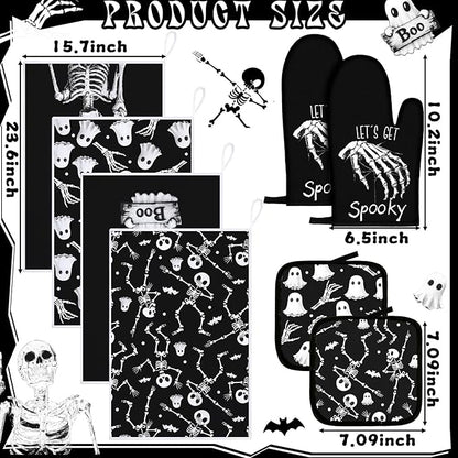 Leinuosen 8 Pcs Skull Kitchen Decor Set Kitchen Towels Gothic Oven Mitts and Pot Holders Skeleton Hand Dish Towels Horror Oven Mitts for Home Decoration Party Gifts (Vintage Color,Ghost) - Image 3