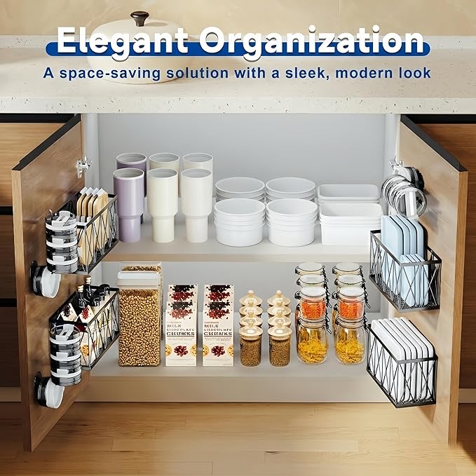 4 Pack Adhesive Cabinet Door Organizer, 2 Baskets + 2 Tumbler Lid Holders, Lid Organizer Inside Cabinet for Tupperware Pyrex Yeti Stanley, Pantry Door & Bathroom Wall Mounted Storage